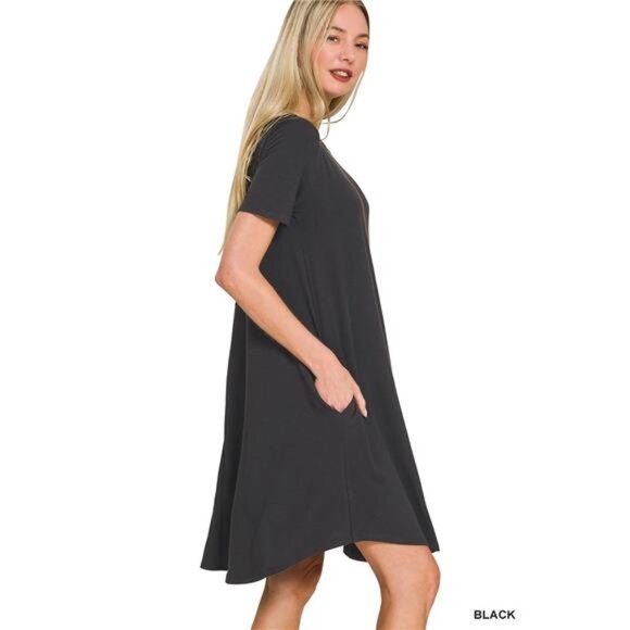 Zenana Short Sleeve Round Hem A-line Dress with Side Pockets - Picture 2 of 2